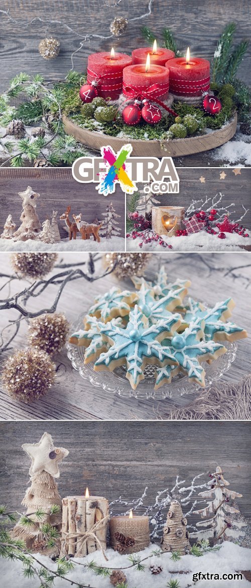 Stock Photo - Vintage Christmas Decorations on Wood