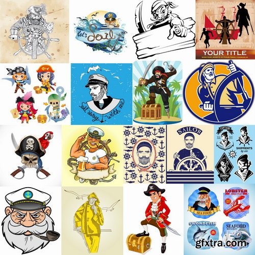 Collection of vector picture cartoon pirate captain sailor anchor Sea 25  EPS