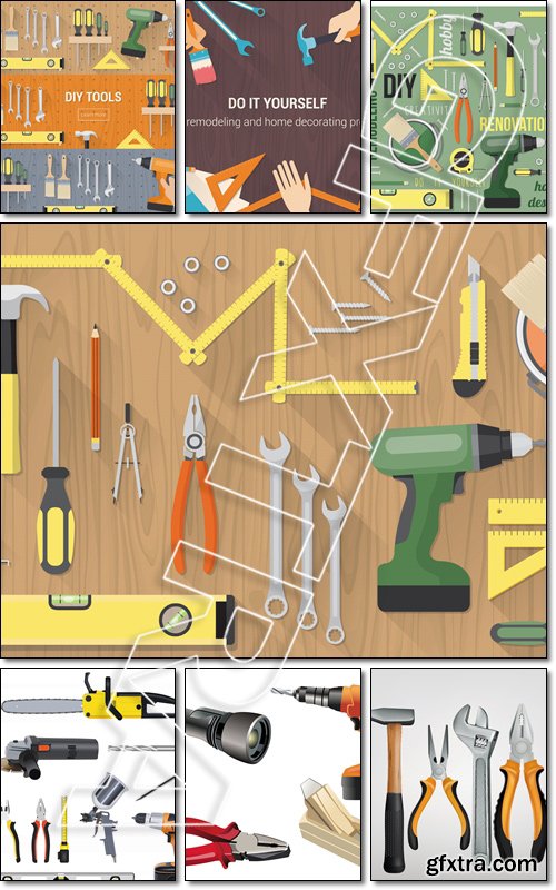 Carpentry and home renovation tools on a wooden table top view - Vector