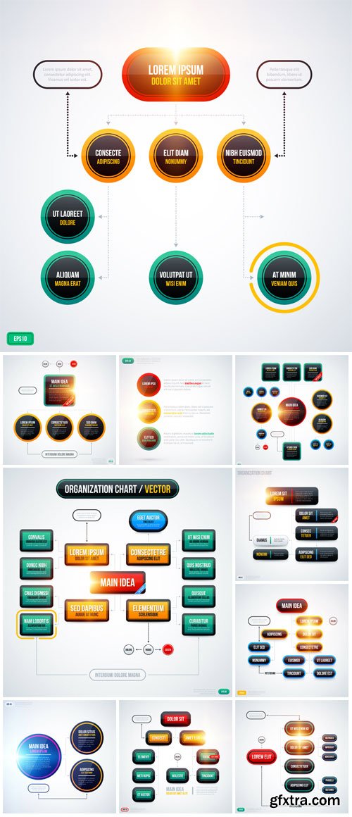 Modern organization chart template with glowing lights on white background