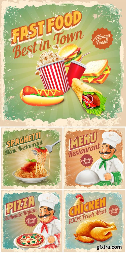 Vintage menu vector, chicken, pizza