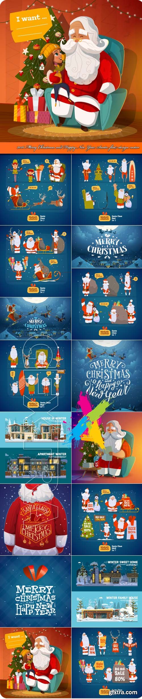 2016 Merry Christmas and Happy New Year Santa flat design vector