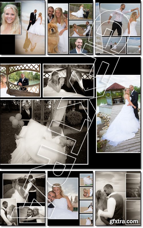 Collage of pictures of a wedding newly couple at the beach having fun - Stock photo