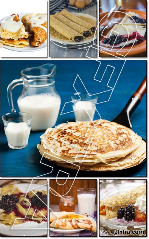 Pancakes with fruit jam and berries - Stock photo