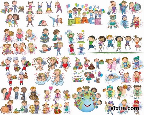 Illustrations of happy and funny kids and children - 25 Eps