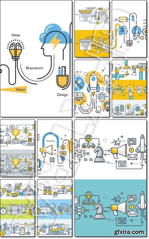 Flat line design illustration of project startup process, new products and services development from idea to implementation. Concept for web banners and printed materials - Vector