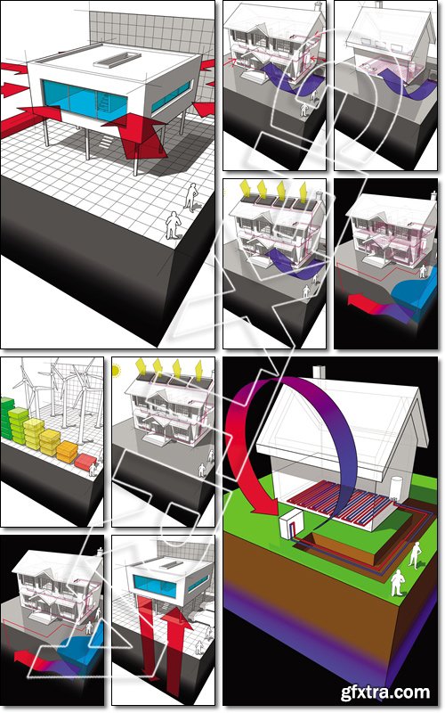 Diagram of a classic colonial house with groundwater heat pump as source of energy for heating with single well and disposal to lake or river - Vector