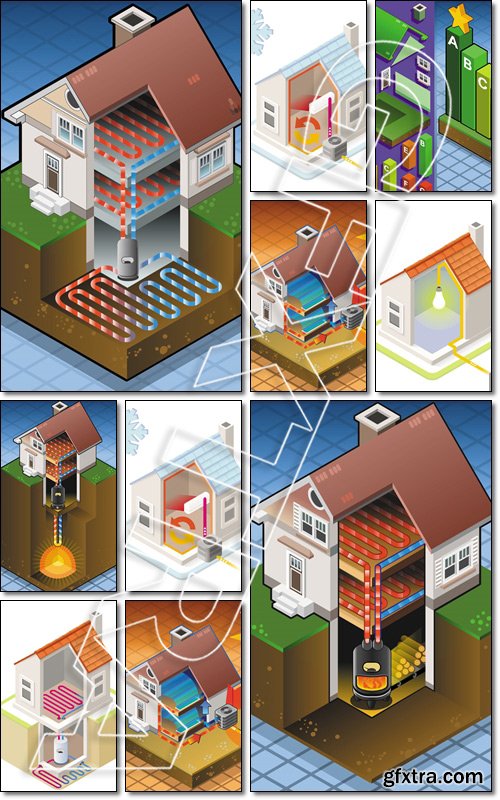 Geothermal heat pump/underfloorheating with magma diagram - Vector