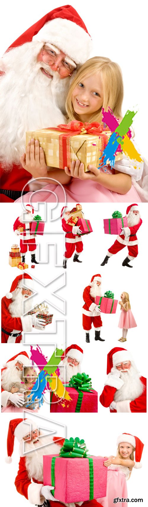 Santa Claus with a little girl, Christmas gifts - Stock photo