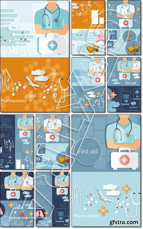 Medicine concept doctor professional first aid kit hospital ambulance tablets treatment vector banners - Vector