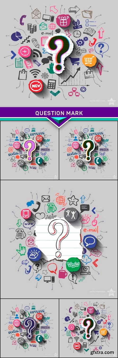 Question mark &amp; collage with web icons background 5x EPS