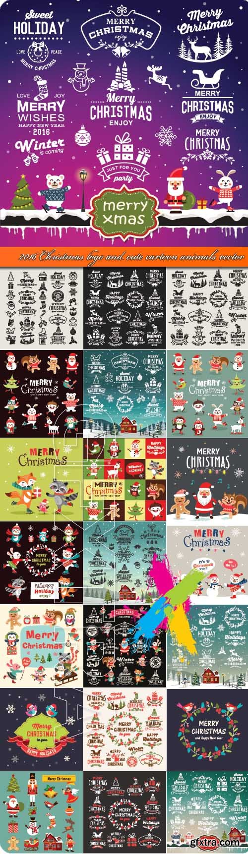 2016 Christmas logo and cute cartoon animals vector