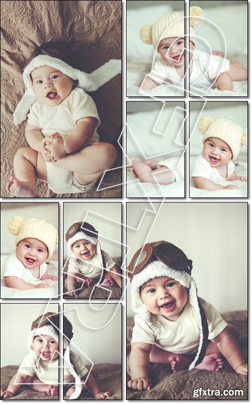 Portrait of baby in funny pilot hat, toned image - Stock photo