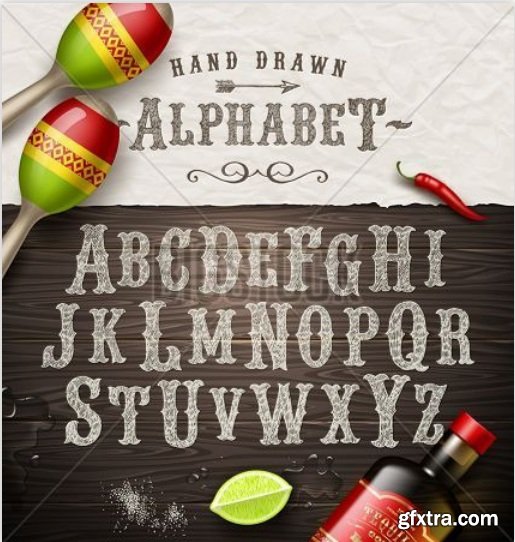 Vector hand drawn vintage alphabet - old mexican signboard style font