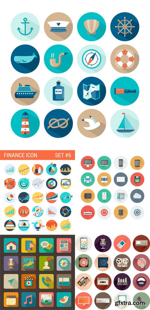 Marine, Computer, Finance, Media Flat Icons Set