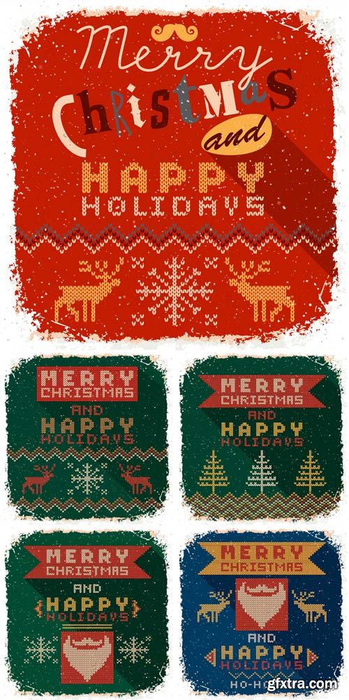 Knitted Christmas Cards Vector Set