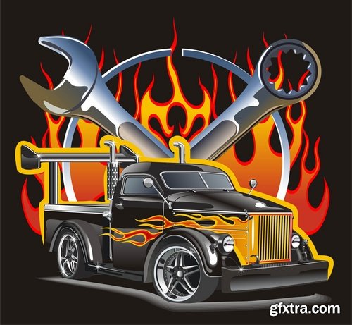 Collection of vector image printed on a T-shirt with the slogan automotive topics 25 EPS