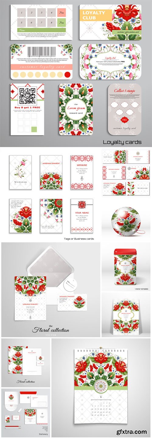 Set of loyalty cards, business cards, floral ukrainian pattern