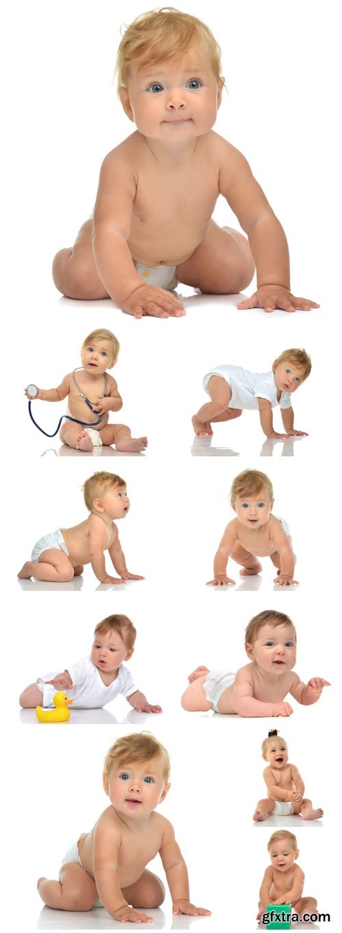 Baby in diaper crawling happy on a white background - Stock photo