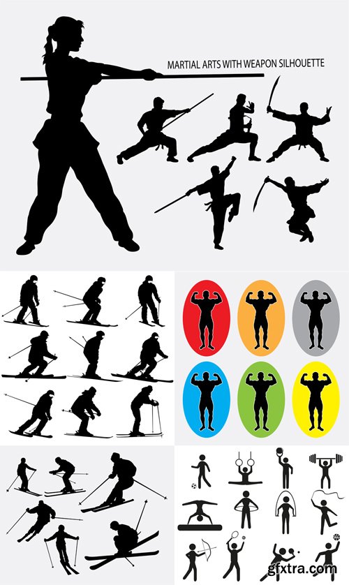 Sport Silhouettes Gym, Skiing and Wushu