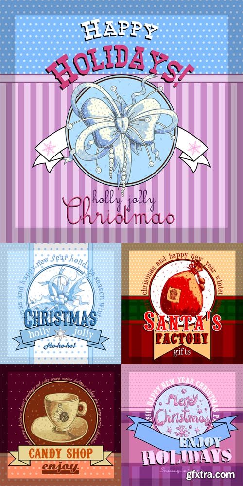 5 Design Christmas Cards Vector Set