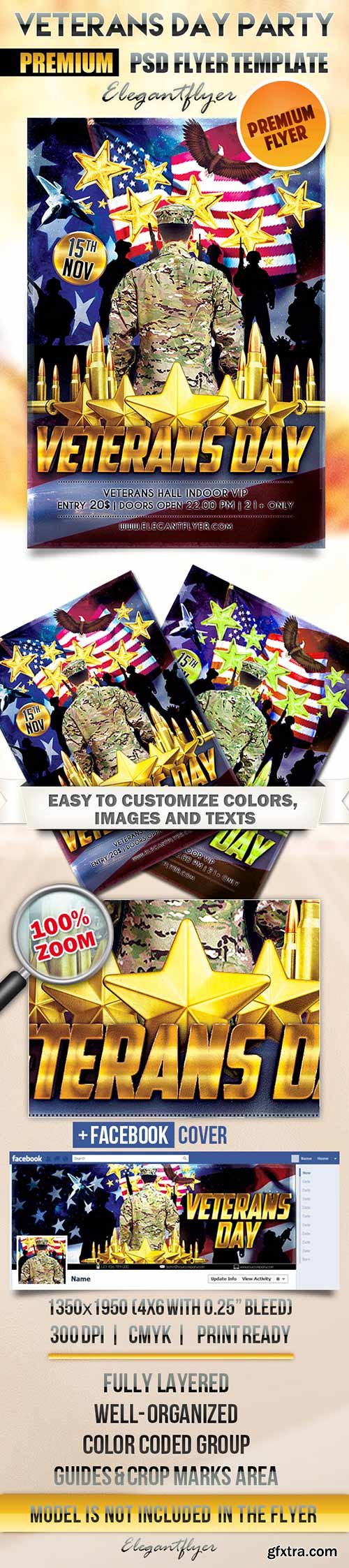 Veterans Day Party Flyer PSD Template + Facebook Cover