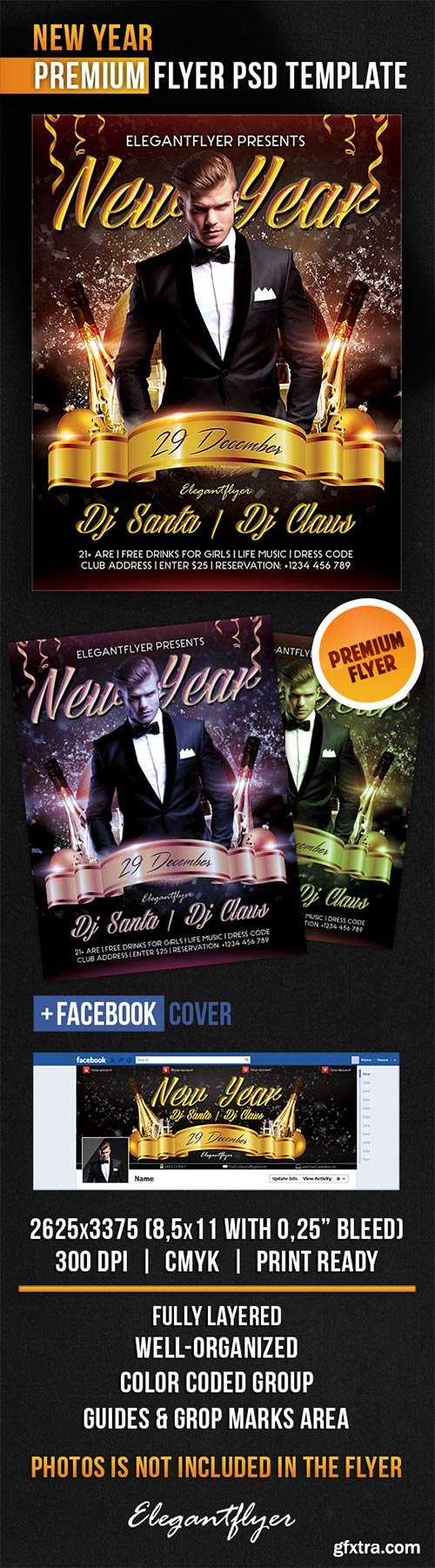 New Year Flyer PSD Template + Facebook Cover