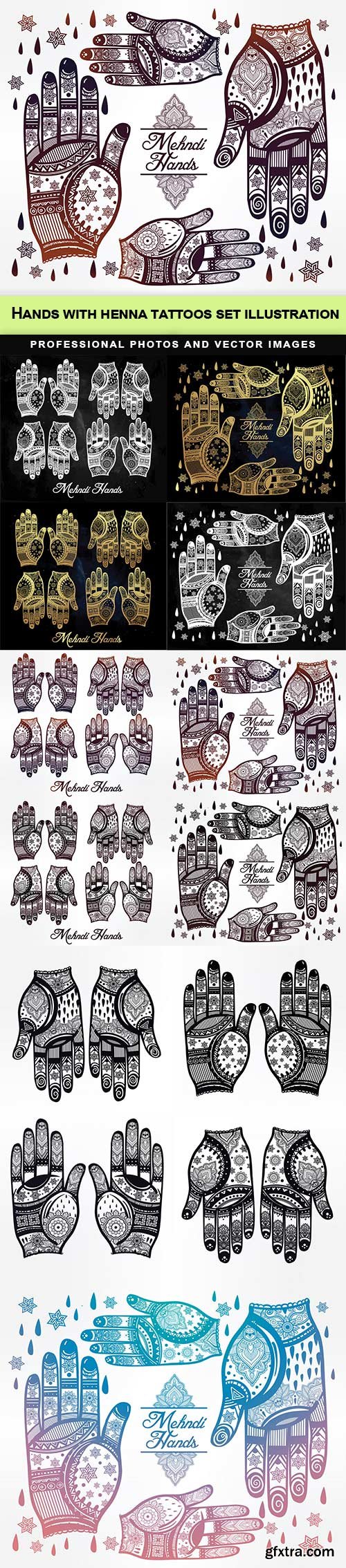 Hands with henna tattoos set illustration - 10 EPS