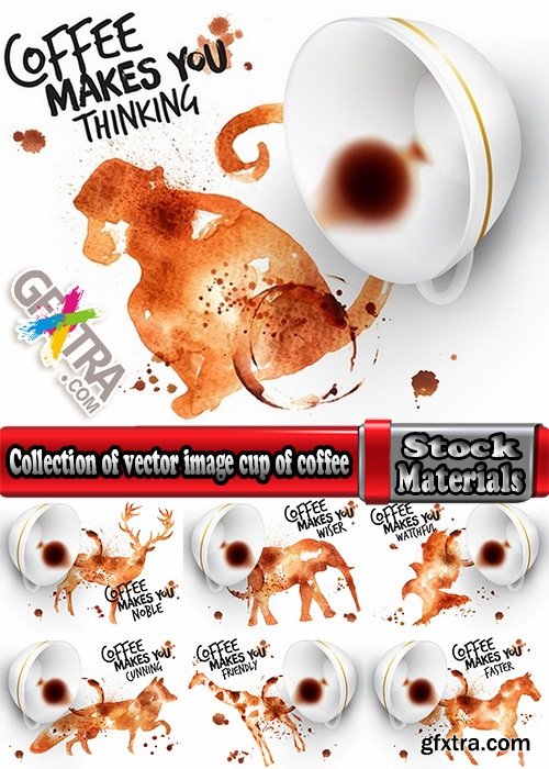 Collection of vector image cup of coffee spilled coffee on the table animal imprint 25 EPS