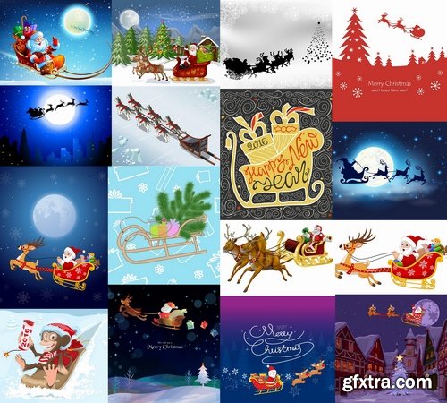 Collection of vector image of Santa Claus in his sleigh Christmas New Year banner flyer card 25 EPS