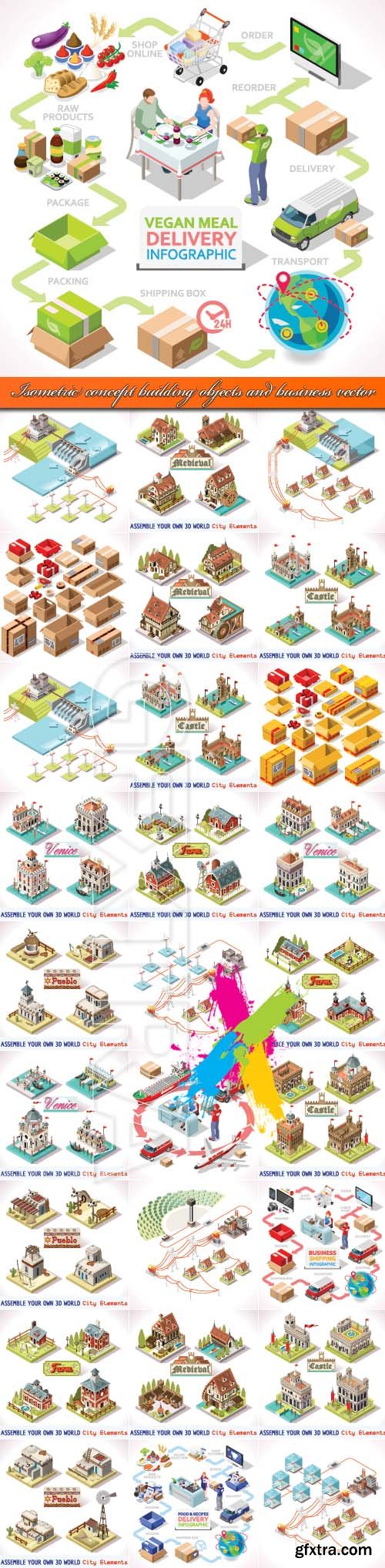 Isometric concept building castle objects and business vector