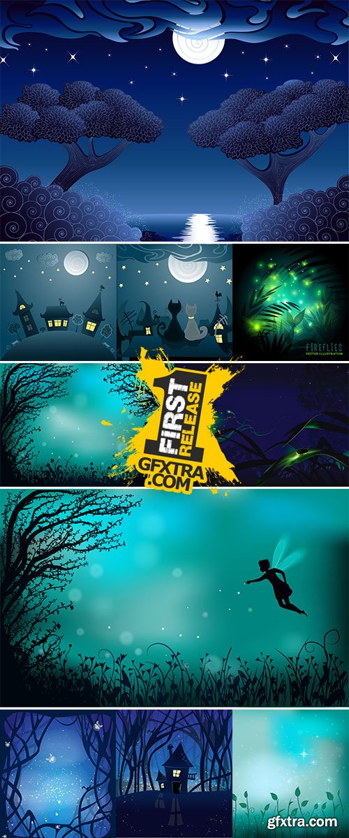 Stock Fireflies in the forest at night vector