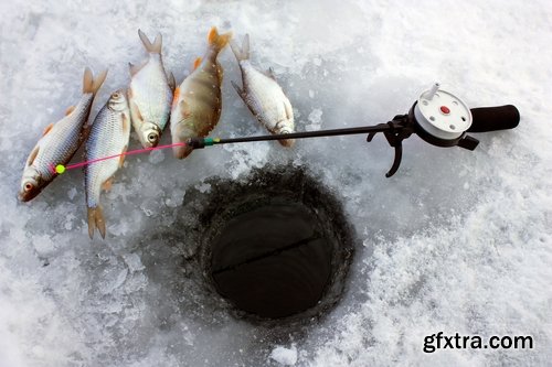 Collection of winter ice frozen river winter fishing rod haul 25 HQ Jpeg