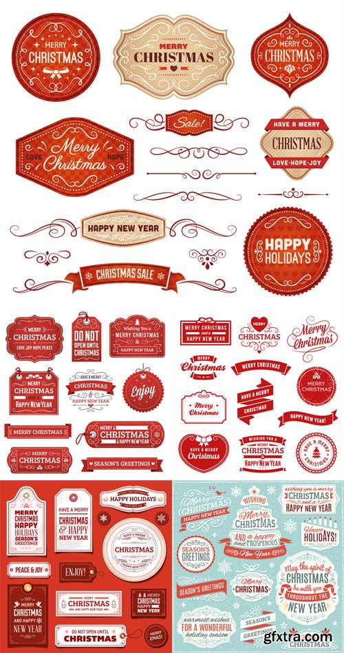 Collection of Christmas Labels Ornaments and Ribbons