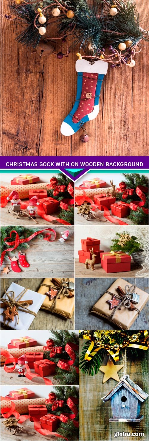 Christmas sock with on wooden background 10x JPEG