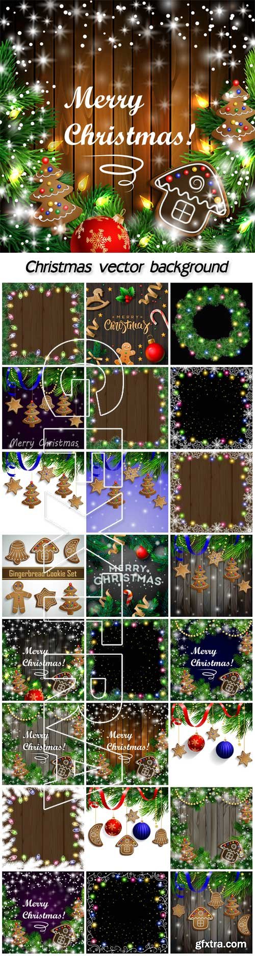 Christmas design with gingerbread cookies, shimmering bauble, shining tree