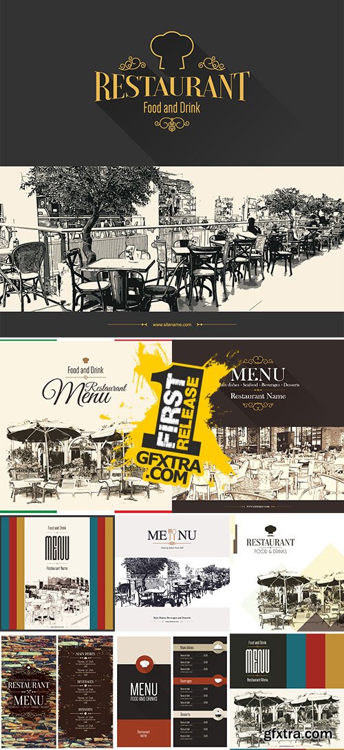 Stock Retro restaurant menu design vector, With a sketch picture