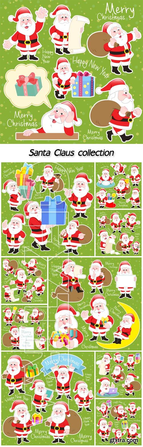 Cute cartoon Santa Claus collection on green background