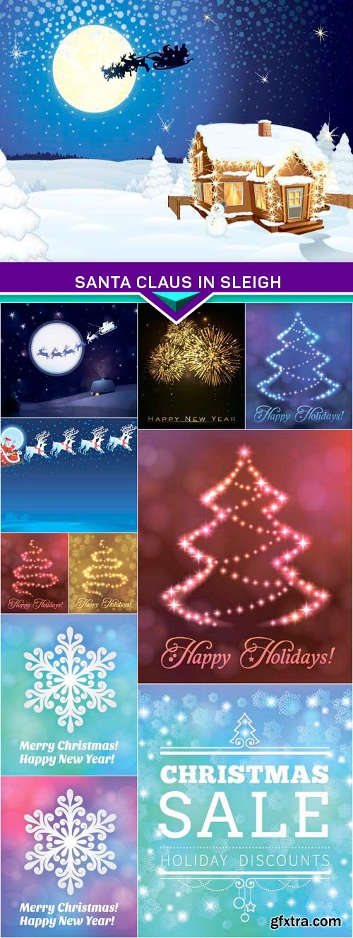 Santa Claus in sleigh, Christmas tree &amp; snowflakes vector 11x EPS