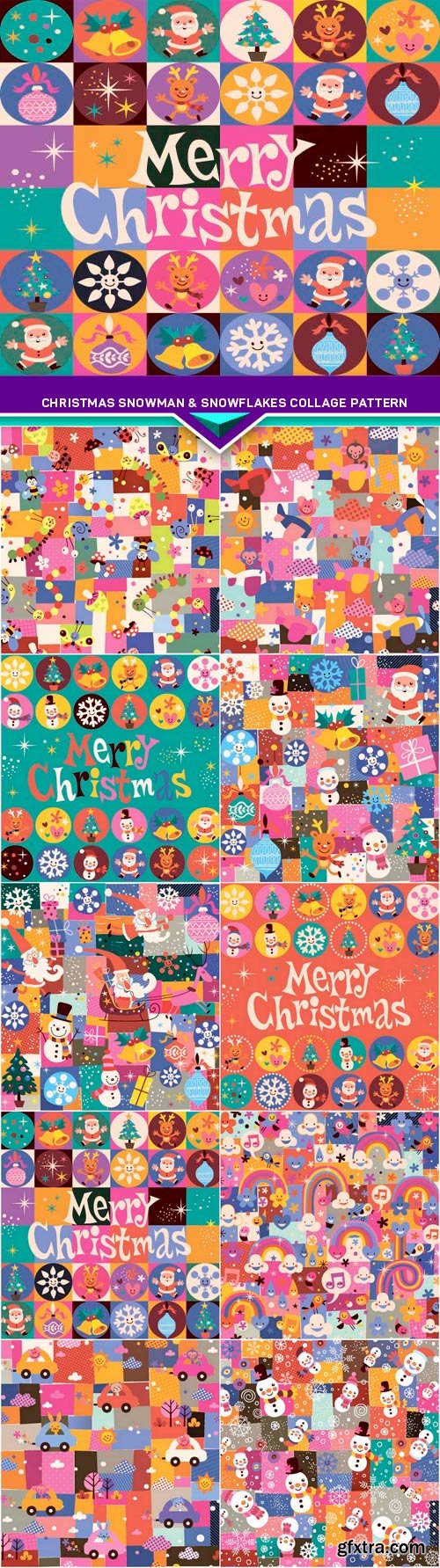 Christmas snowman &amp; snowflakes collage pattern 10x EPS