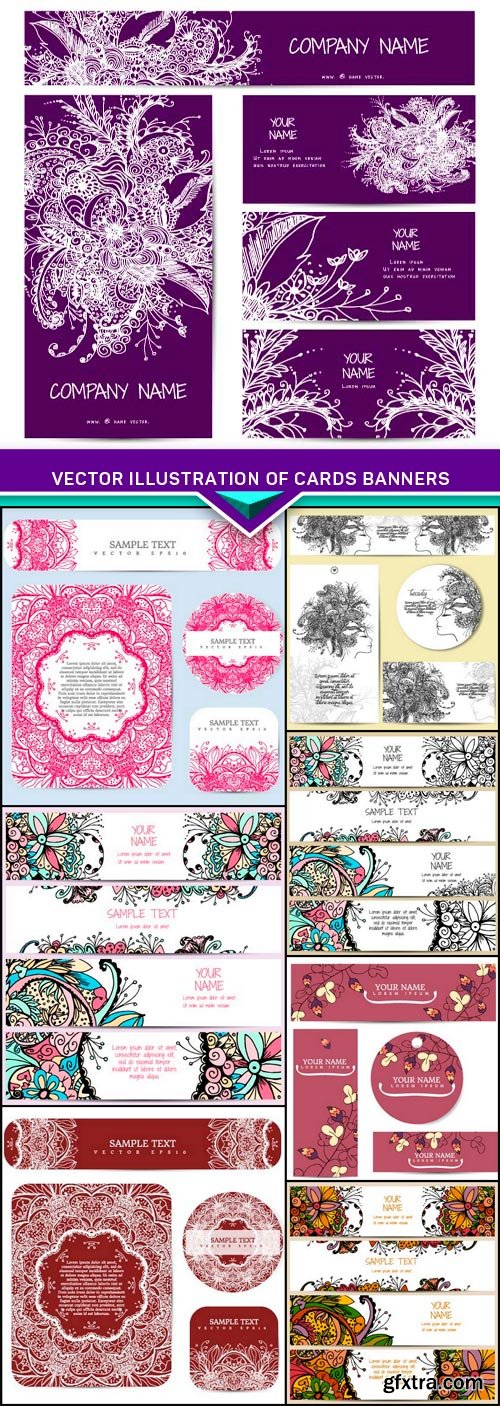 Vector illustration of cards banners with floral ornament 8x EPS