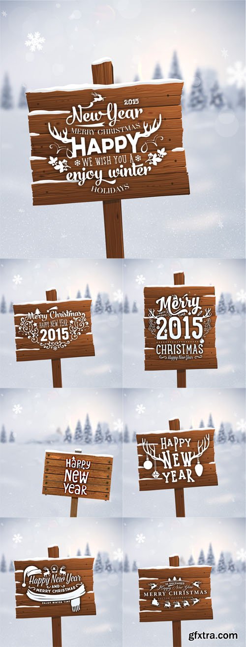 Wooden Plaque with New Year Label Vector Set