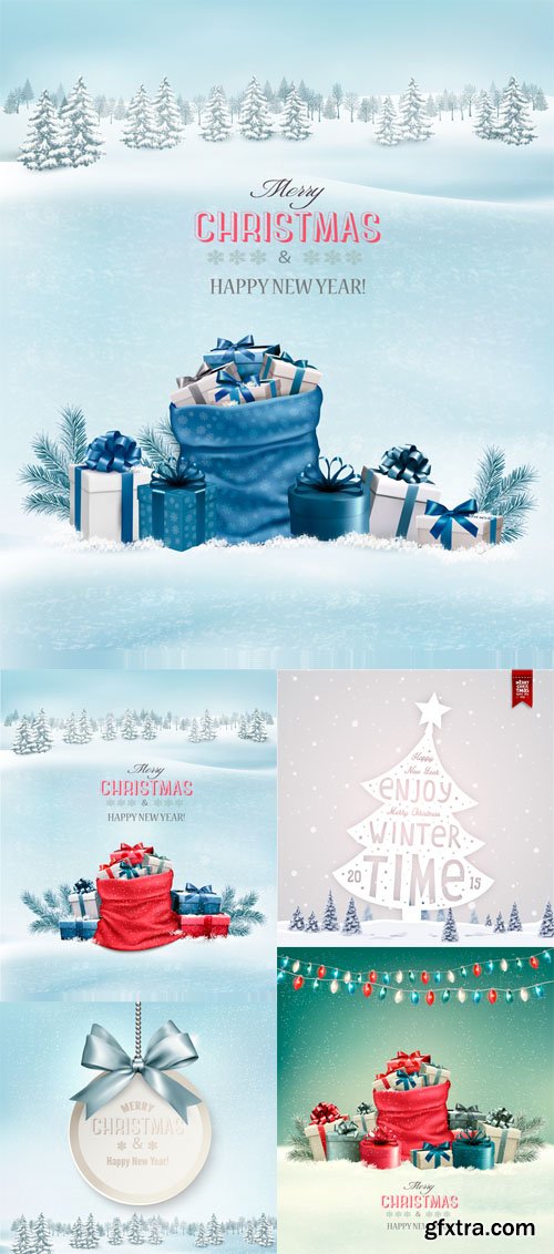 Christmas background with a winter landscape and blue sack full