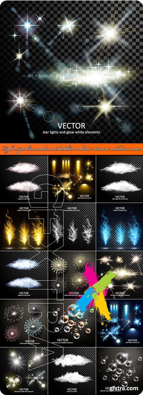 Light sparkles smoke firework and bubbles realistic element collection vector