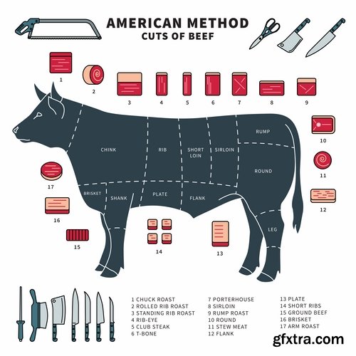 Collection of vector image sirloin meat cattle meat cutting meat cutting scheme 25 EPS