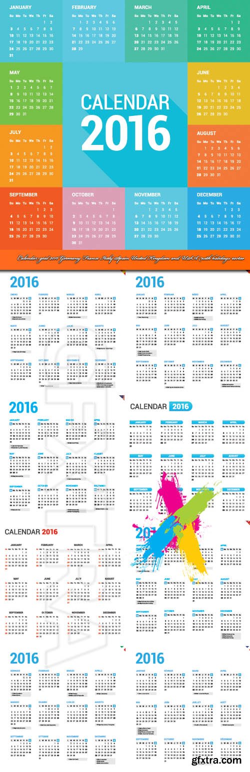 Calendar grid 2016 Germany France Italy Spain United Kingdom and USA with holidays vector