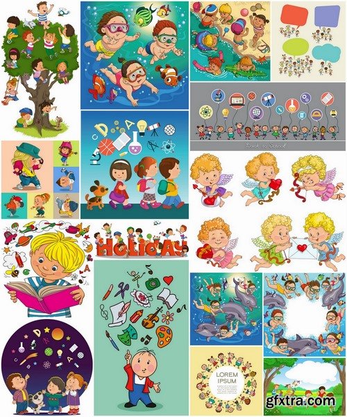 Illustration of happy and funny cartoon kids - 25 Eps