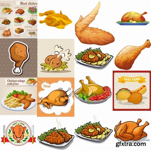 Collection of vector image of fried chicken chick BBQ Grill 25 EPS