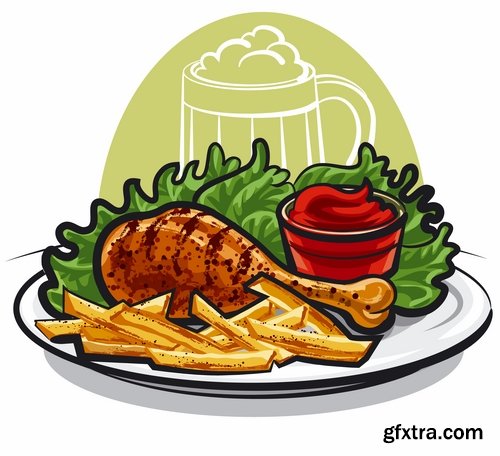 Collection of vector image of fried chicken chick BBQ Grill 25 EPS