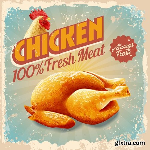 Collection of vector image of fried chicken chick BBQ Grill 25 EPS